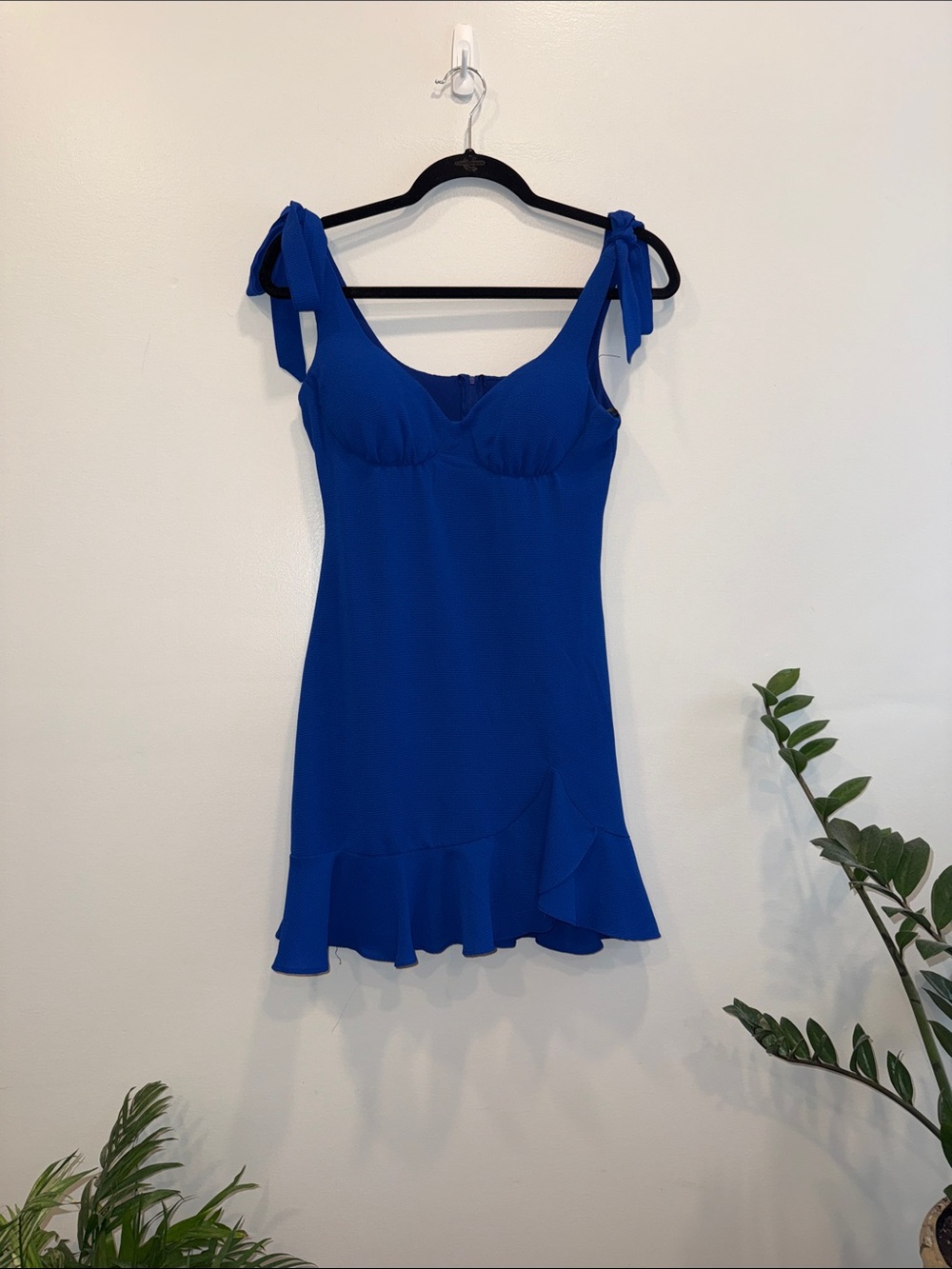 B. Smart Cobalt Blue Tie-Shoulder Ruffle Mini Dress